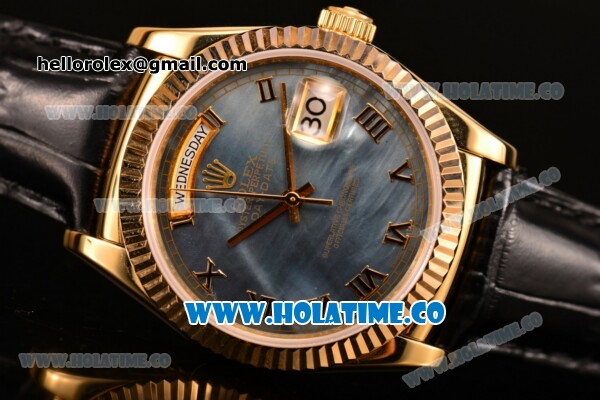 Rolex Day-Date Asia 2813/Swiss ETA 2836/Clone Rolex 3135 Automatic Yellow Gold Case with Black MOP Dial and Roman Numeral Markers (BP) - Click Image to Close